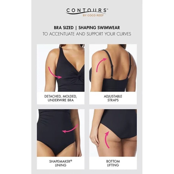 COCO REEF Agate Ruffled Off‎ Shoulder Slimming One Piece Black 14 38D NEW - Picture 4 of 4